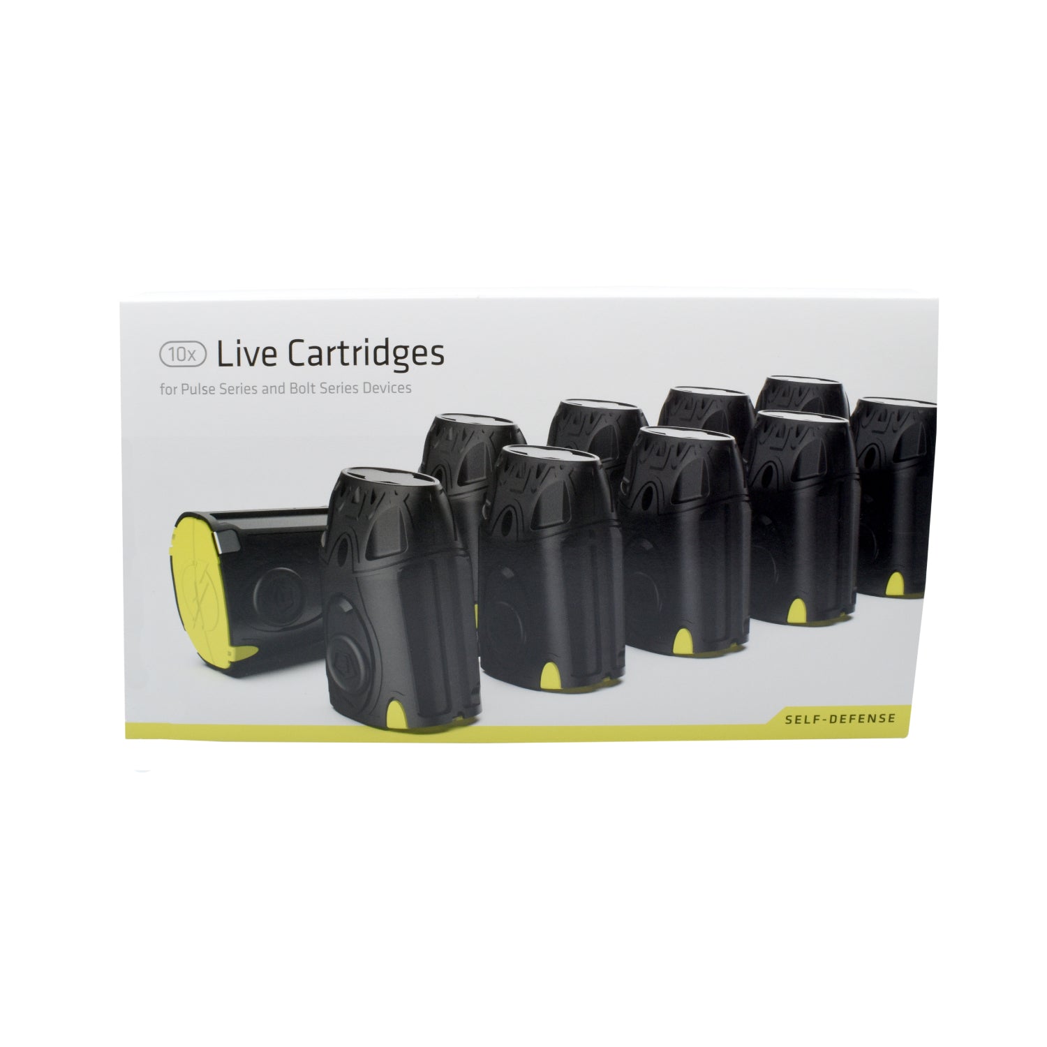 Product box for 10-Pack of Live Cartridges for TASER C2/Bolt/Pulse/Pulse+ – replacement cartridges compatible with TASER C2, Bolt, Pulse, and Pulse+ devices, each equipped with a primer, gas capsule, probes, serialized tags, and conductive wires, offering a range of up to 15 feet, in white background.
