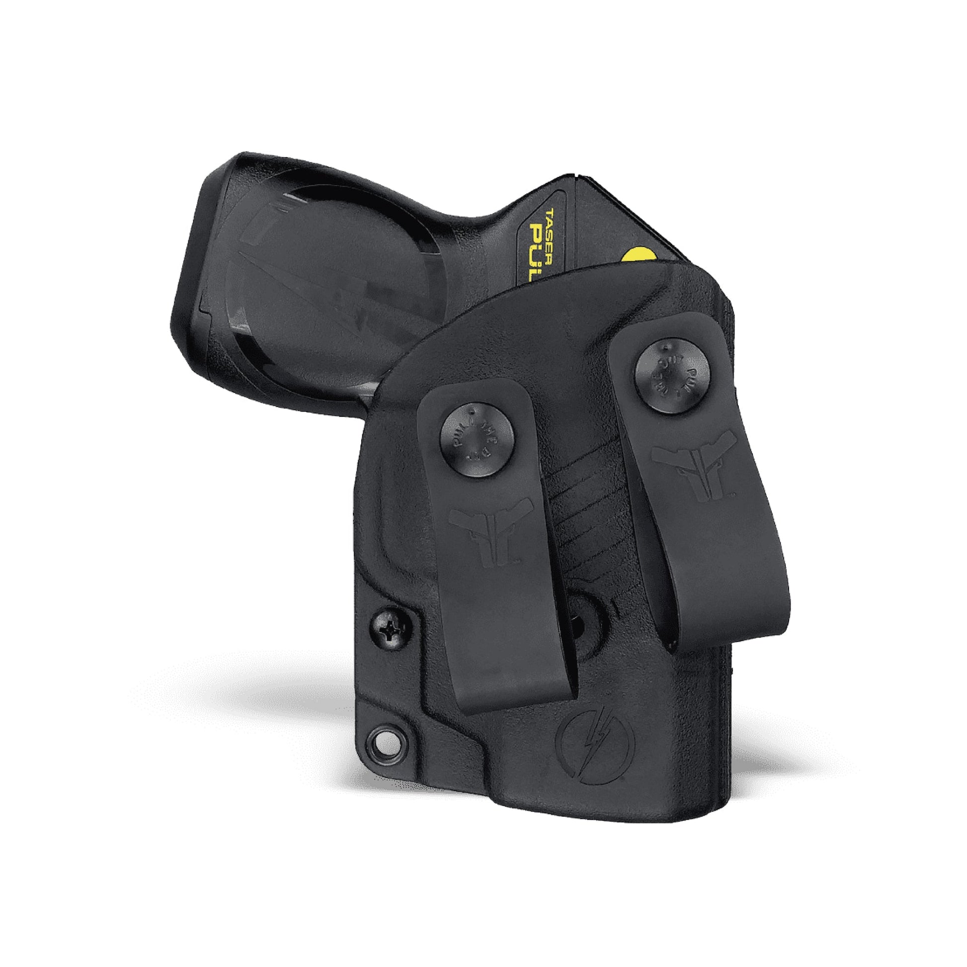 Taser Pulse Holster - inside-the-waistband (IWB) holster designed for concealed and comfortable carrying of the Taser Pulse self-defense device, in white background.