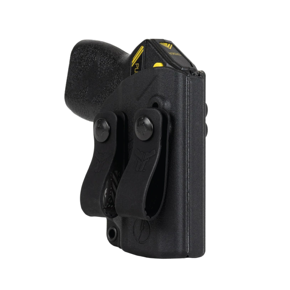 Taser Pulse Holster - inside-the-waistband (IWB) holster designed for concealed and comfortable carrying of the Taser Pulse self-defense device, in white background.