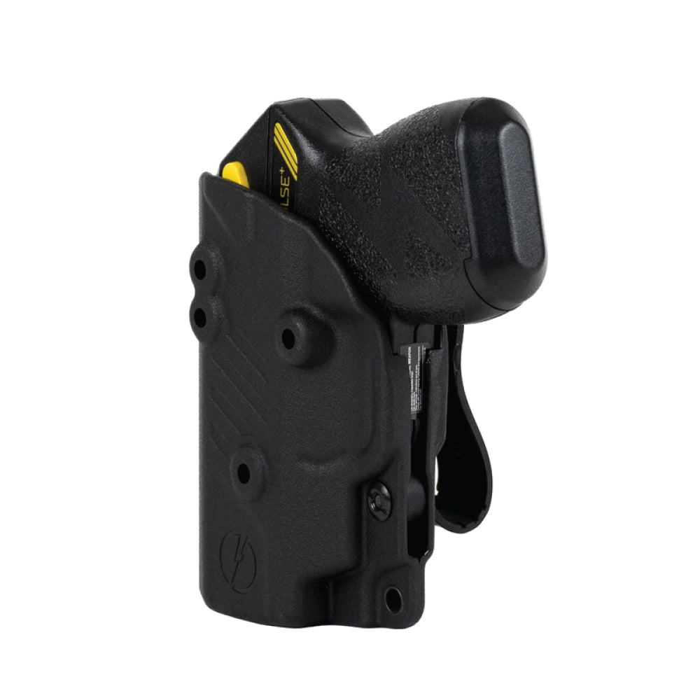 Taser Pulse Holster - inside-the-waistband (IWB) holster designed for concealed and comfortable carrying of the Taser Pulse self-defense device, in white background.