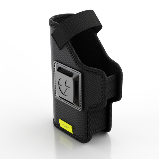 TASER Pulse Series Holster – durable and lightweight holster designed specifically for TASER Pulse and Pulse+ models, offering secure retention and quick access for self-defense situations, in checkered background.