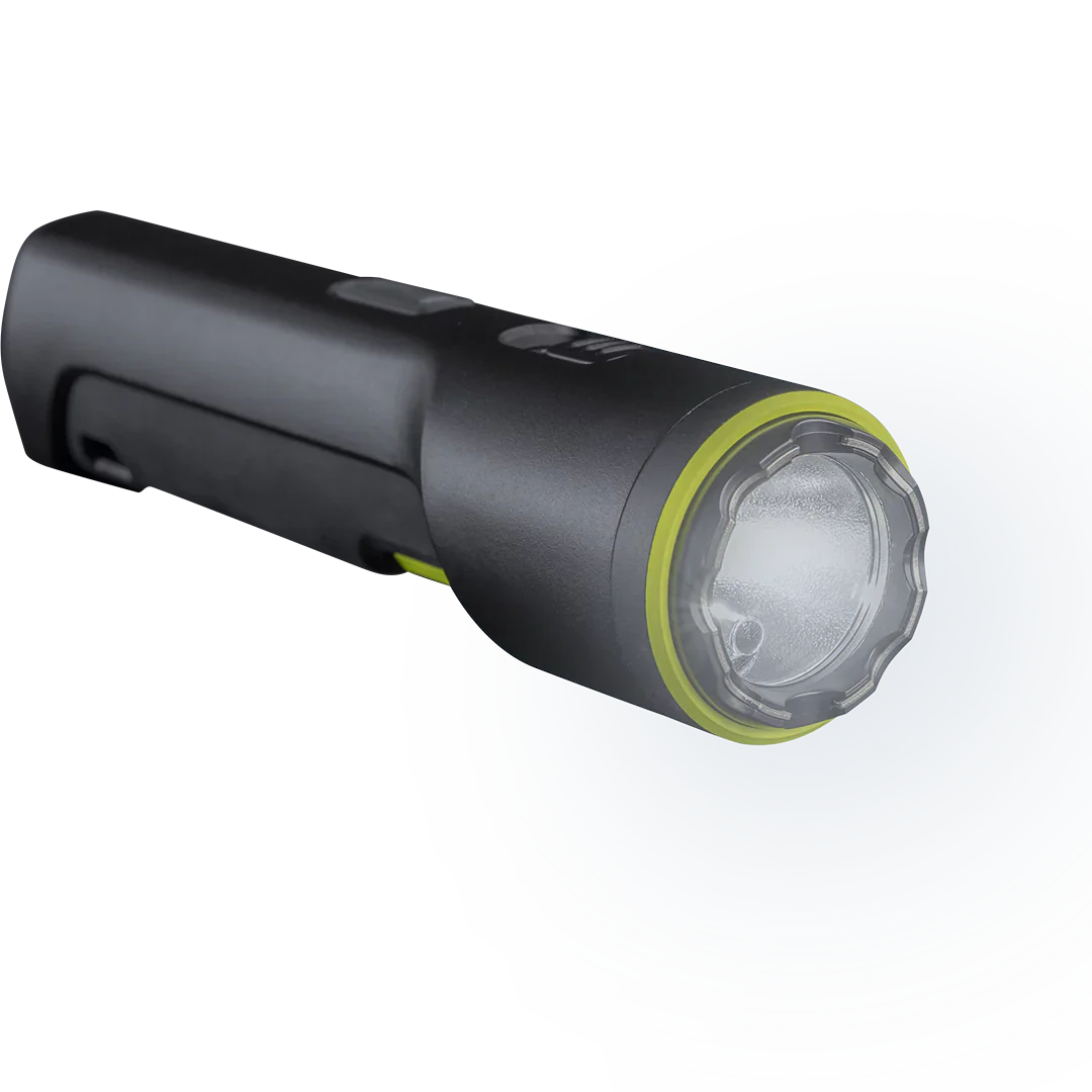 TASER StrikeLight 2 Kit – versatile self-defense flashlight featuring a 700-lumen beam, built-in stun capability, audible arc warning, and USB-C charging for everyday protection, in checkered background.
