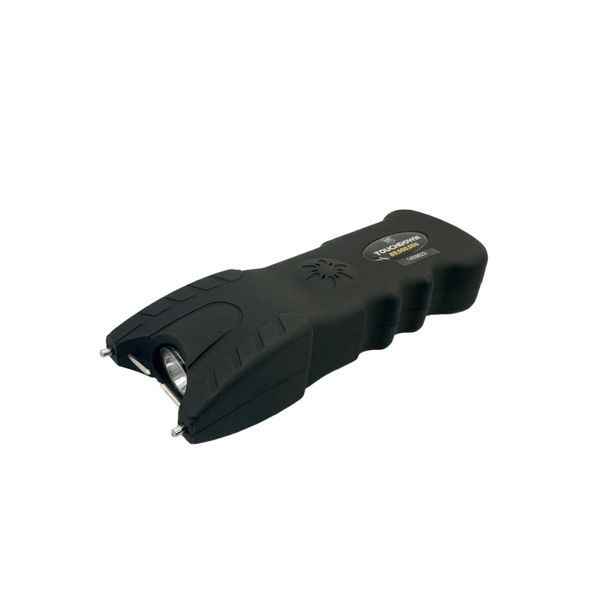 Touchdown 89,000,000 Stun Gun – compact, high-voltage self-defense device featuring a sleek ergonomic body and built-in flashlight, designed for powerful performance and easy carry, in white background.