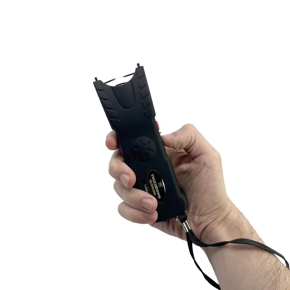 Someone holding Touchdown 89,000,000 Stun Gun – compact, high-voltage self-defense device featuring a sleek ergonomic body and built-in flashlight, designed for powerful performance and easy carry, in white background.