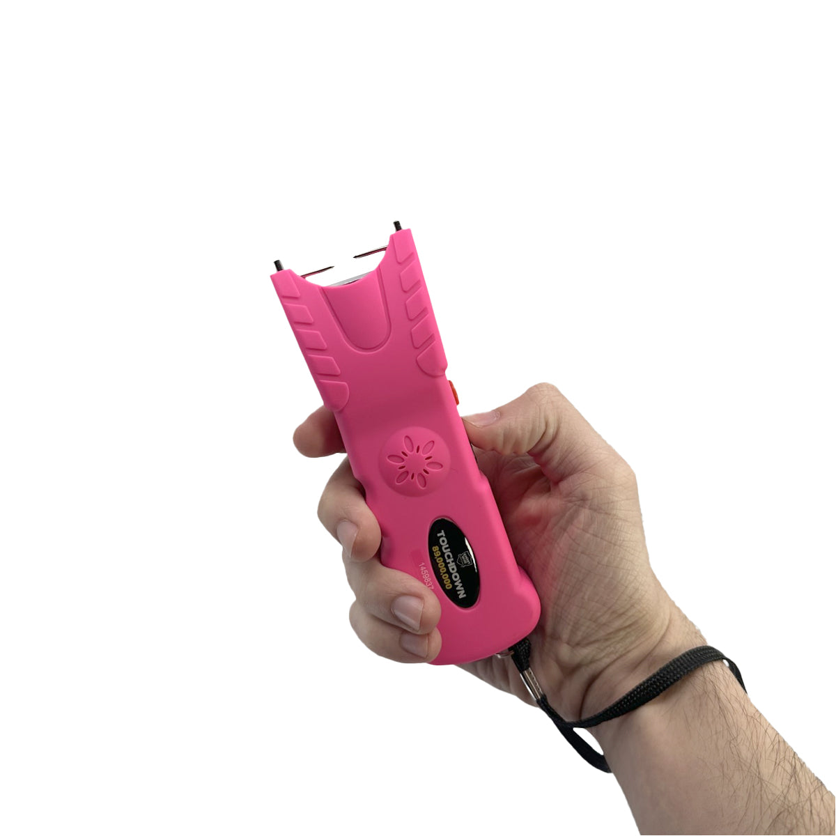 Someone holding Touchdown 89,000,000 Stun Gun – compact, high-voltage self-defense device featuring a sleek ergonomic body and built-in flashlight, designed for powerful performance and easy carry, in white background.