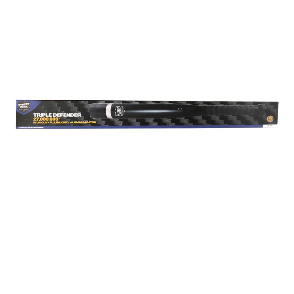 Triple Defender 27,000,000* Stun Baton Flashlight product box in white background.