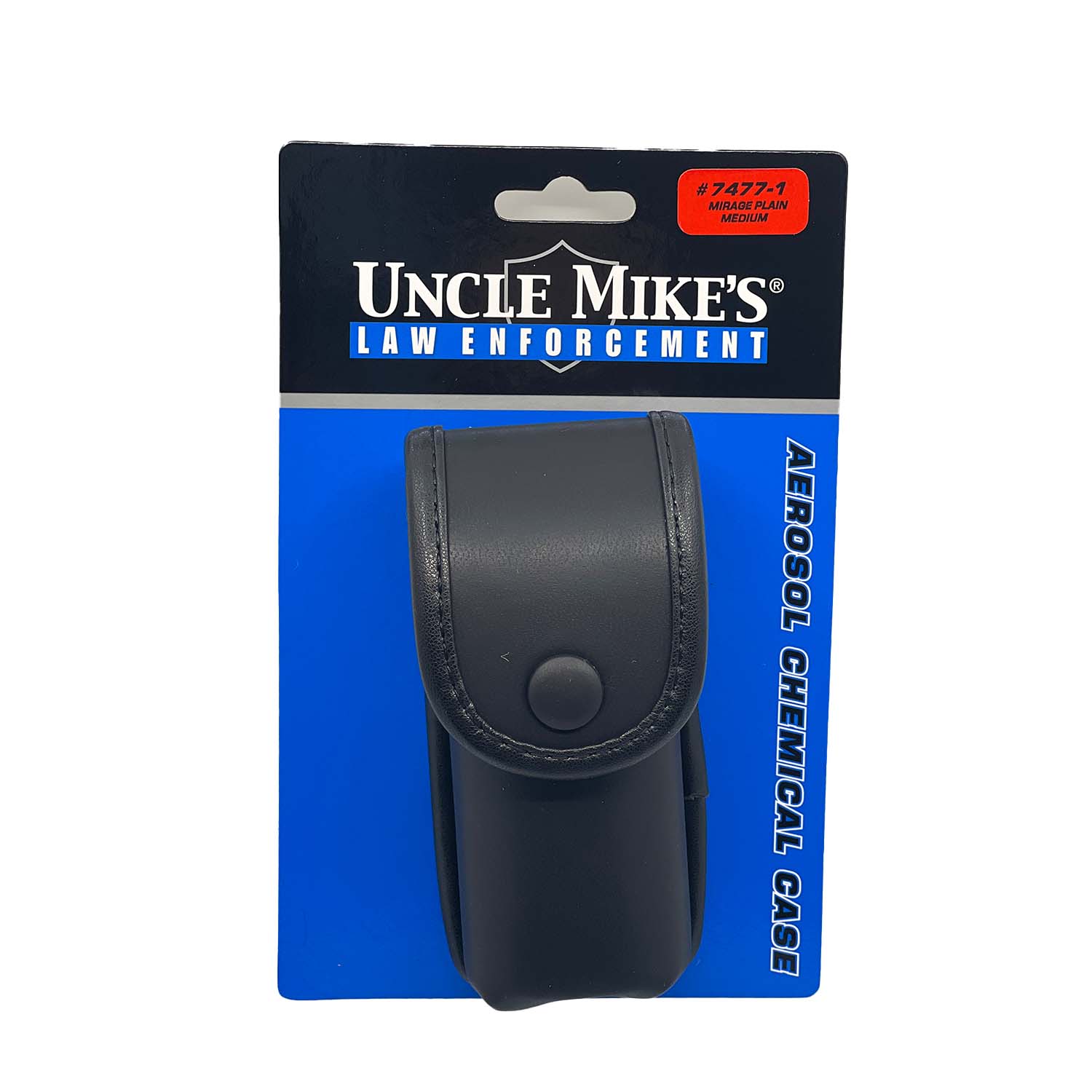 Uncle Mike's MK III Aerosol Agent Case – durable nylon holster with a polymer insert to prevent canister denting, smooth lining to preserve markings, and foam spacer to accommodate canisters with or without oversized nozzles; fits belts up to 2.25 inches, in white background.