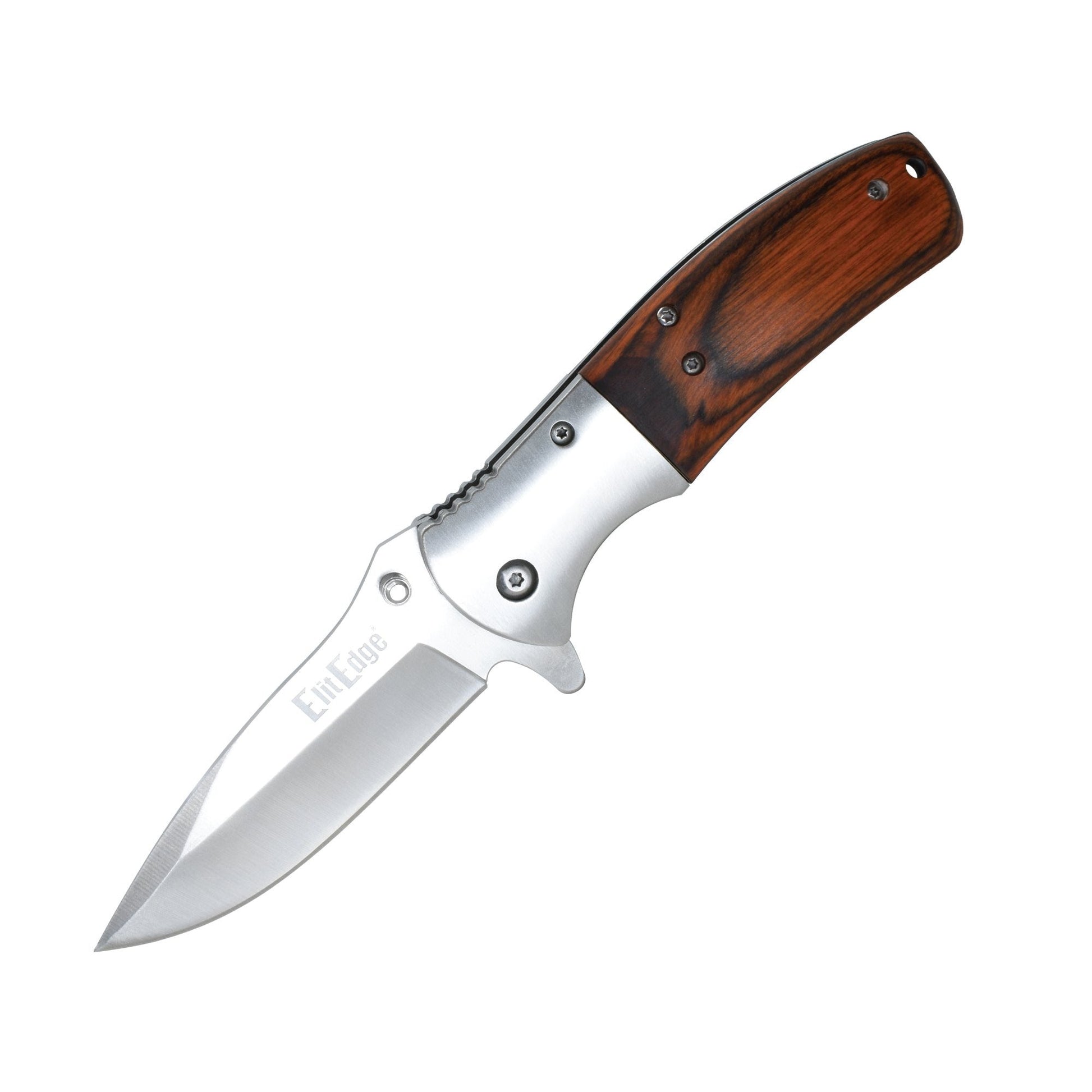 Woodgrain 8-inch premium folding knife with textured handle, ideal for collectors and outdoor use, in white background.