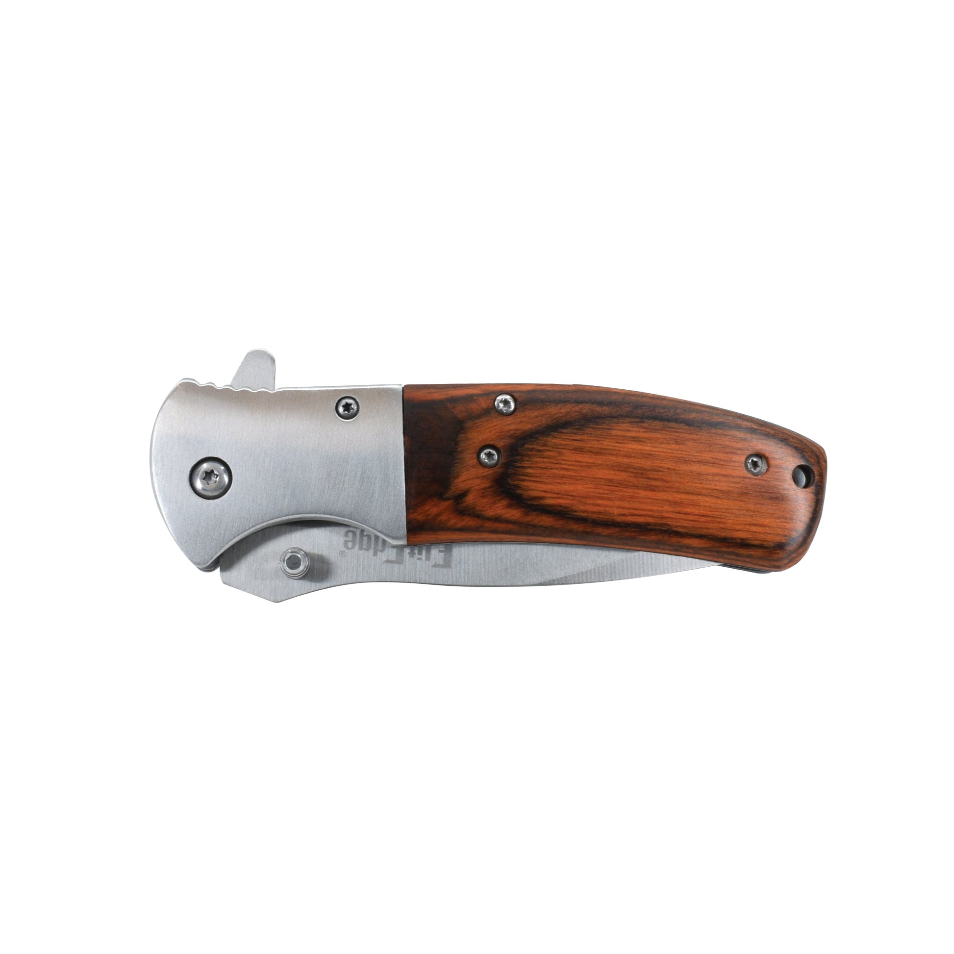 Woodgrain 8-inch premium folding knife with textured handle, ideal for collectors and outdoor use, in white background.