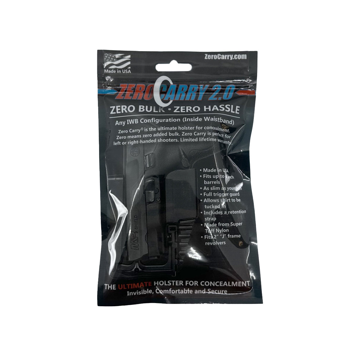 Zero Carry 2.0 waistband holster with trigger guard - compact concealed carry holster for pistols package, in white background.